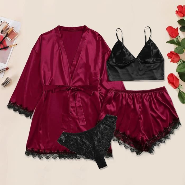 Robe De Chambre Plus Size Lingerie Sexy Femmes En Soie Peignoir Satin Pyjamas Rouge Cdiscount