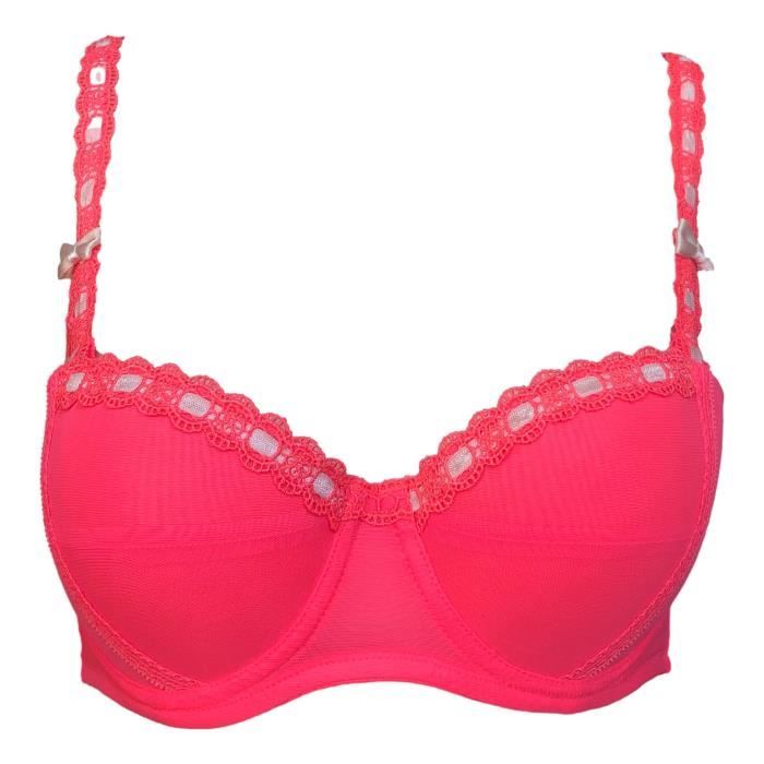 Soutien Gorge B Push Up Rose Fluo Avec Ruban Et Noeuds Beige Lingerie