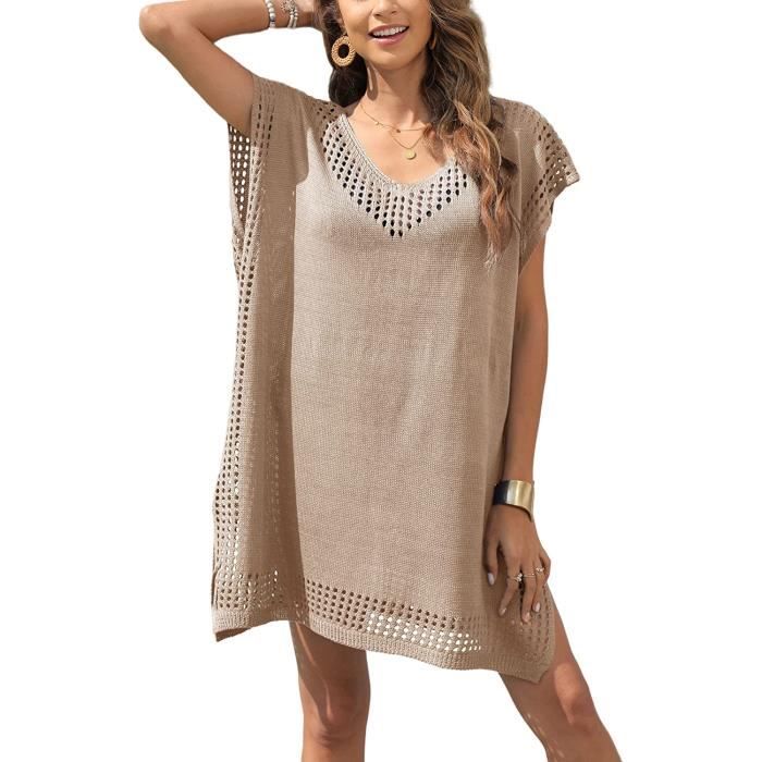 Robe de Plage Crochet Sarongs en Crochet té Plage Couvrir Sexy V Cou Bikini Cover Up Bohème gris