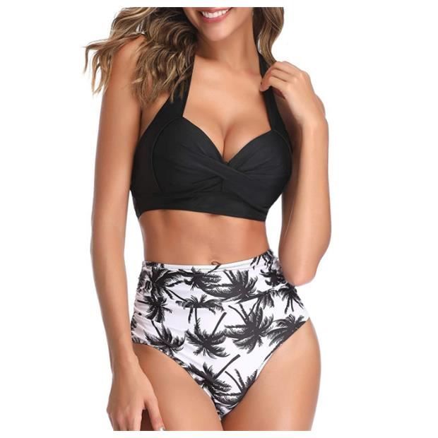 Maillot de bain femme 2 pièces maillot de bain femme double bretelle taille haute bikini fendu