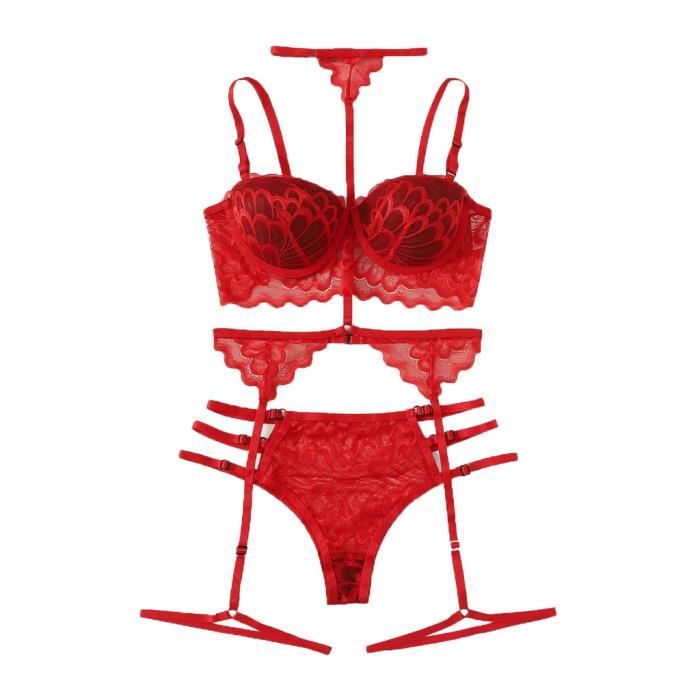 Lingerie sexy en dentelle exquise soutien gorge jarretière slips