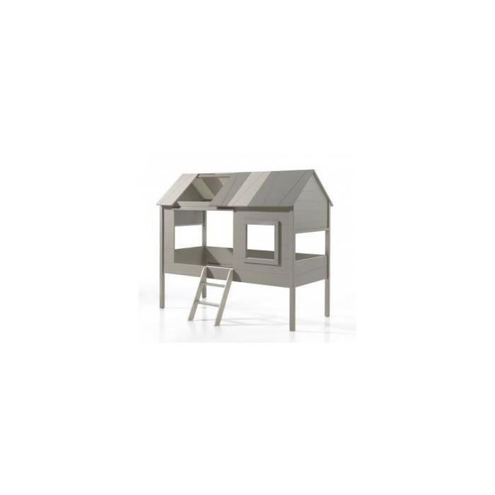 Vipack Lit cabane pin massif gris et beige Charlotte 90