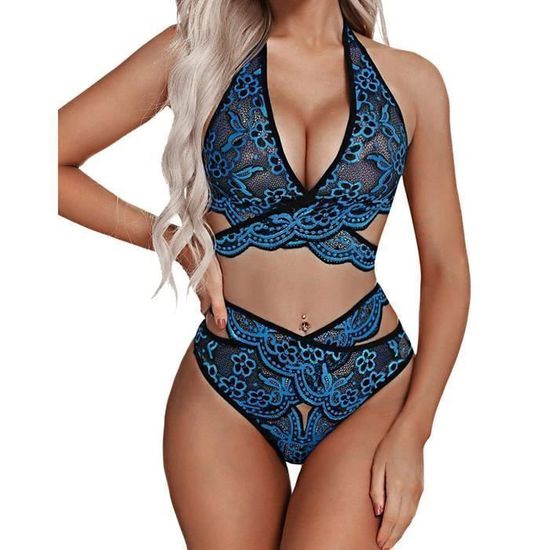Ensemble Lingerie Sexy Femme Demeuble Soutien Gorge Et String Dentelle Bleu Bleu