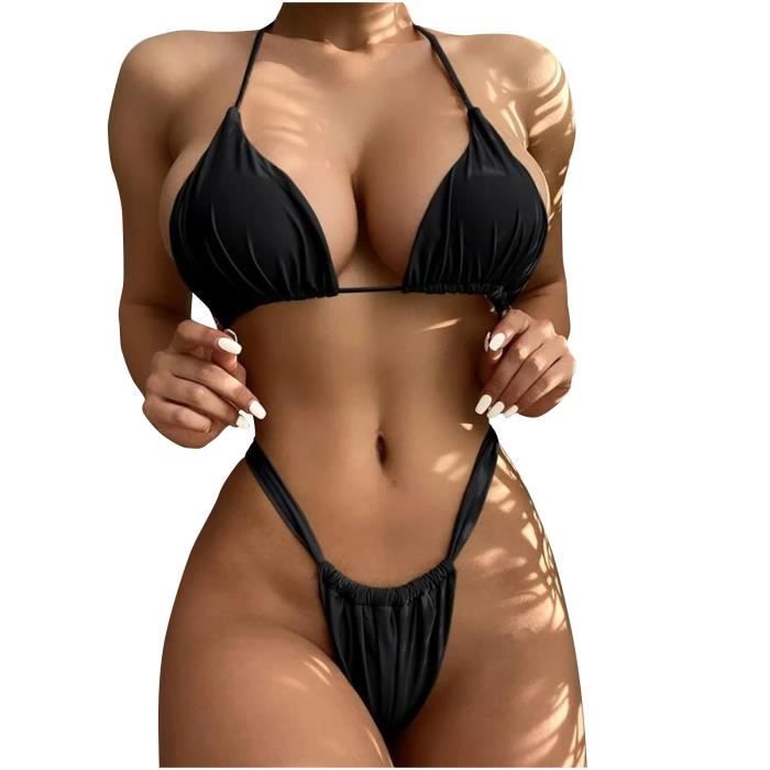 Maillot De Bain Bikini Taille Haute Fendu De Couleur Unie Pour Femmes