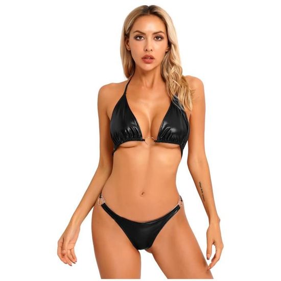 IEFIEL Maillot de Bain Une Pièce Femme Sexy Ficelle Micro Bikini Sangles Cuir Verni Métallique