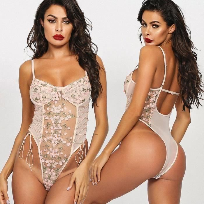 Femmes Broderie Dentelle Bandage Body Dos Nu Combinaison Lingerie