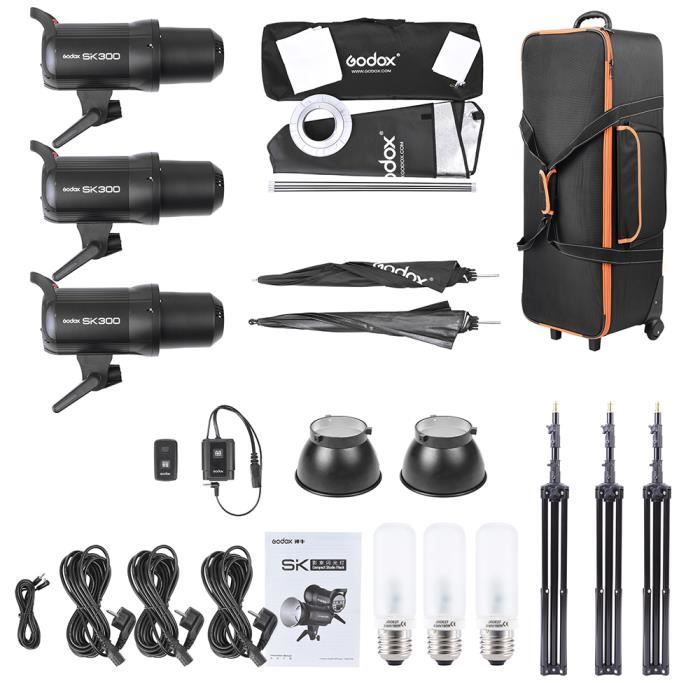 Godox SK300-D Kit 3*300ws Flash Studio Photo+Support/Softbox/Réflecteur Parapluie/Doux Parapluie/Déclencheur Flash/Lamp Shade
