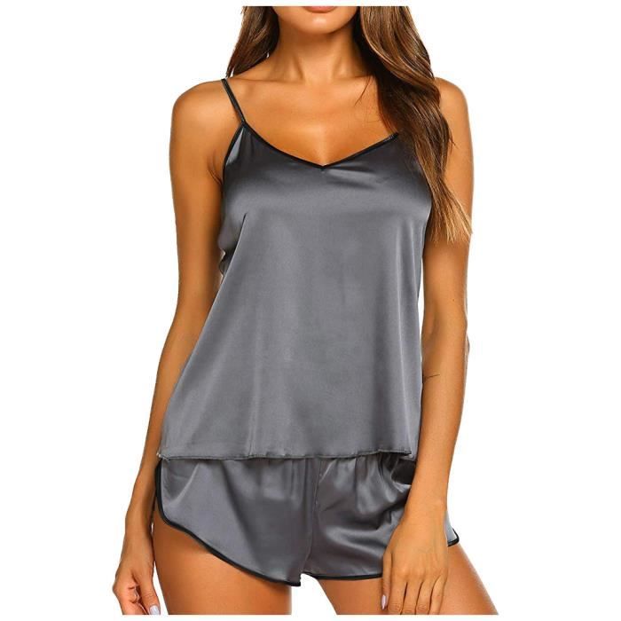Ensemble Caraco Et Shorty Sexy Pour Femme En Satin Bretelles Sleepcoat Shorts De Lingerie Gris