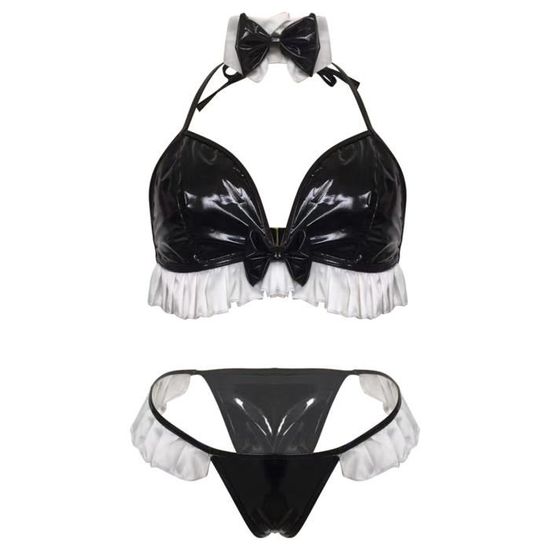 Iefiel Soutien Gorge Sexy Femme Cuir Verni Lingerie De Nuit String Slip