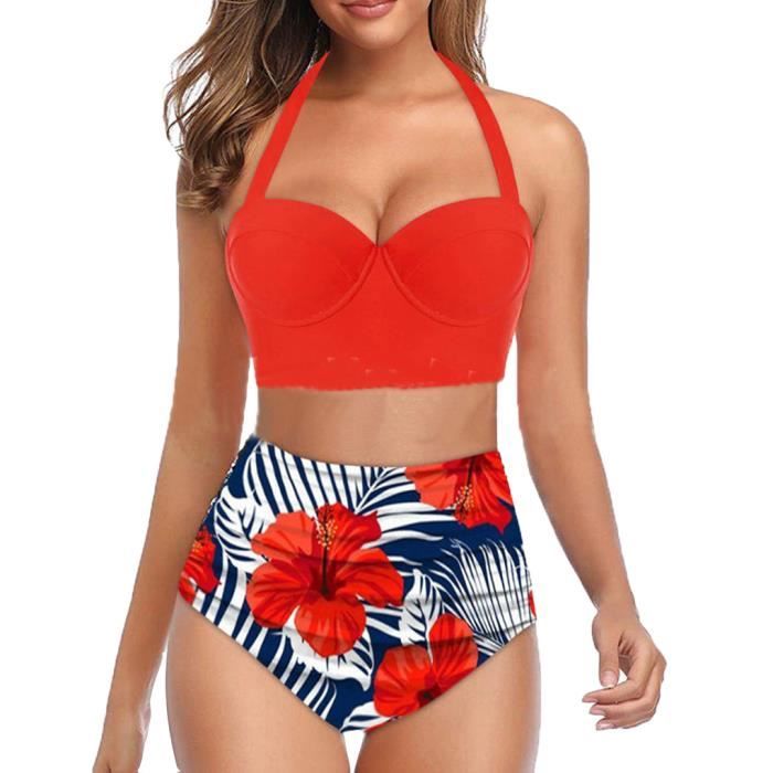 Femme Été Halter Réglable Bikini 2 Pieces Imprim Maillots de Bain