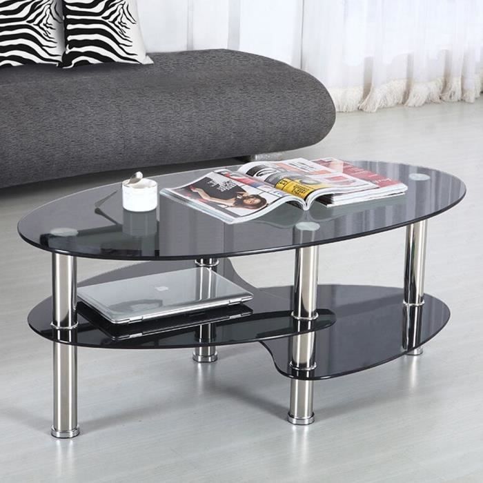Table d'appoint - Table basse ovale-Table basse design- Métal et verre -Noir 90*50*43cm