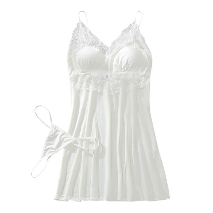 Sous vêtements Sexy Femmes Bretelles Dentelle Robe Transparente Pyjamas Lingerie n Blanc