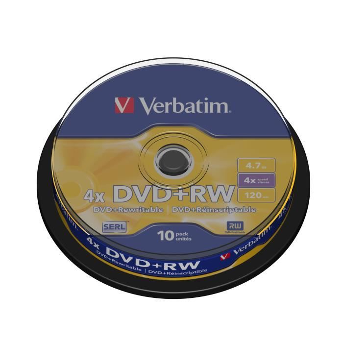 Verbatim DVD+RW Matt Silver. Capacité d'origine: 4,7 Go, Type: DVD+RW, Quantité par paquet: 10 pièce(s).