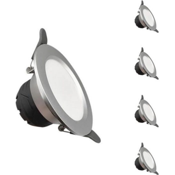 Downlight Spot LED Encastrable 6W Rond ARGENT lumière variable (Pack de 5)