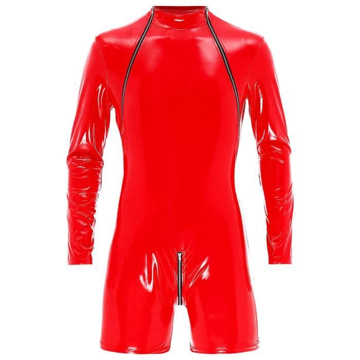 Yonghs Homme Lingerie Sexy Cuir Verni Bodysuit Wetlook Jumpsuit Moulant