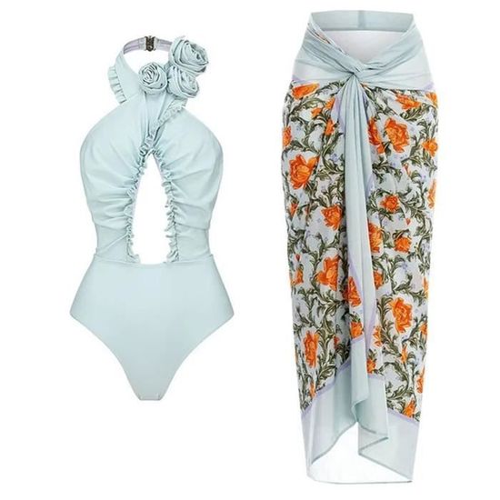 Maillot De Bain Une Pi Ce Bikini Maxi Robe Deux Pi Ces En Mousseline Lacets Bleu A Bleu