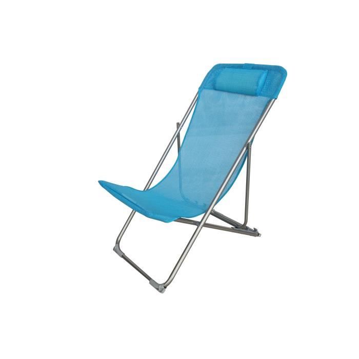 Fauteuil relax avec têtière - Structure en acier et textilène - 3 positions - 57 x 56 x 74 cm - Bleu