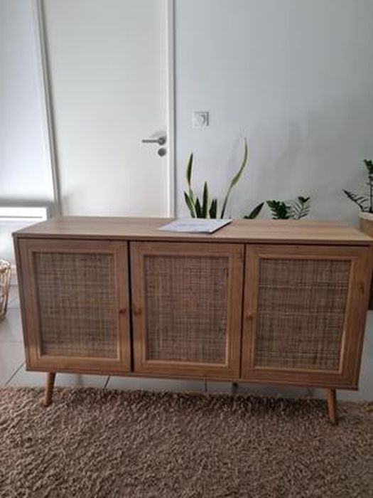 Buffet Rangement Cannage 120x39x70cm - Style Bohème Scandinave - 3 Portes, 2 Niveaux