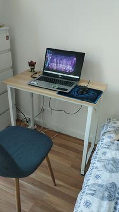 Petit Bureau D'Ordinateur 80x40 Cm - Table En Bois Teck Et Métal Noir - Idéal Petit Espace, Chambre, Studio