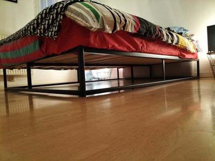 Lit Plateforme Avec Rangement Joseph 100x200 Cm - Cadre Métal Noir, Sommier Lattes Bois, Hauteur 46 Cm