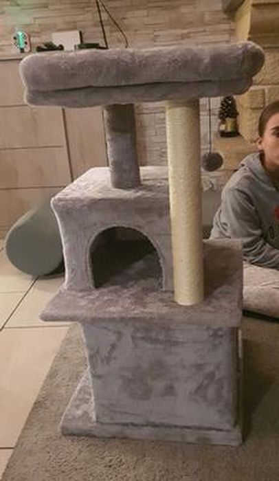 GOPLUS Arbre à Chat 81 CM en Bois 3 étages avec Niches, Plateformes et Tapis à Griffoir, Coussin