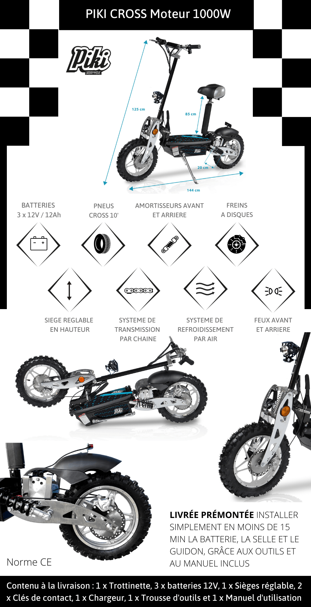 PIKI CROSS 1000 - Trottinette électrique 1000W Batterie 36V12Ah - Roue 10