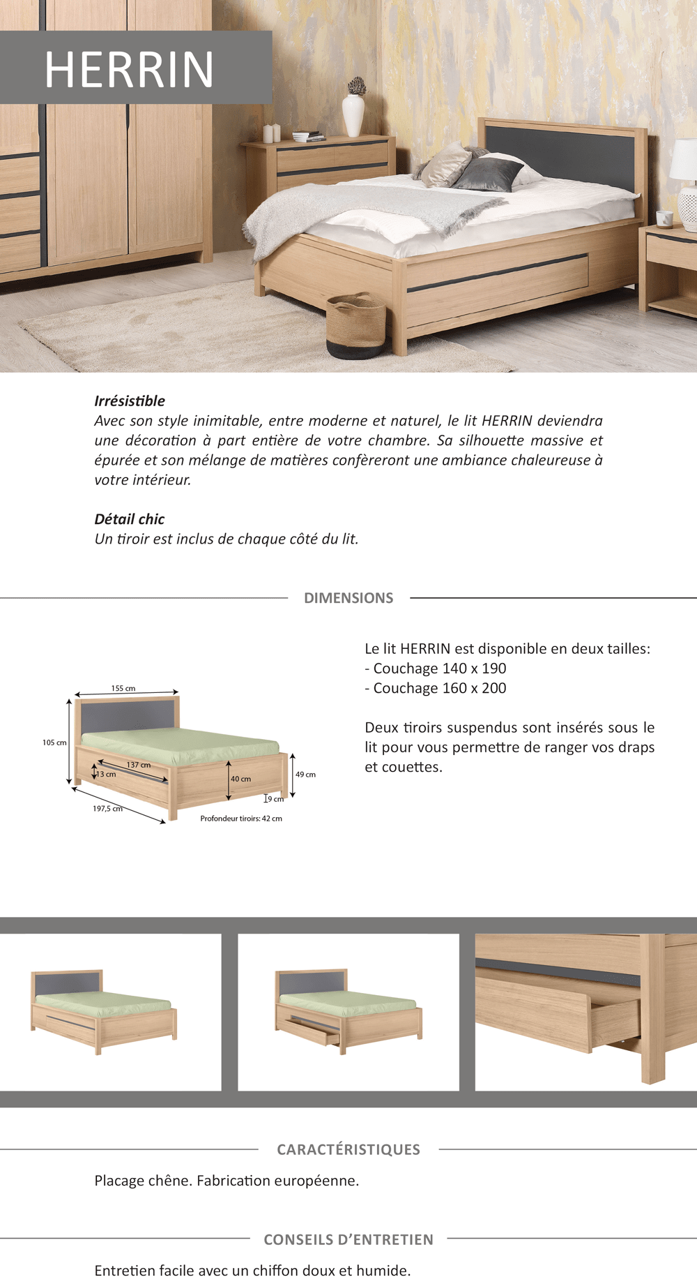 HERRIN Lit 140x190 cm - Décor gris anthracite - L 155 x P 195,4 x H 105 cm