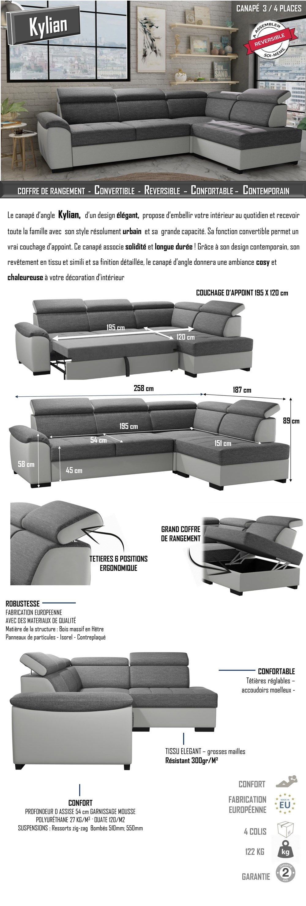 KYLIAN Canapé d'angle réversible convertible + coffre de rangement - Tissu Noir