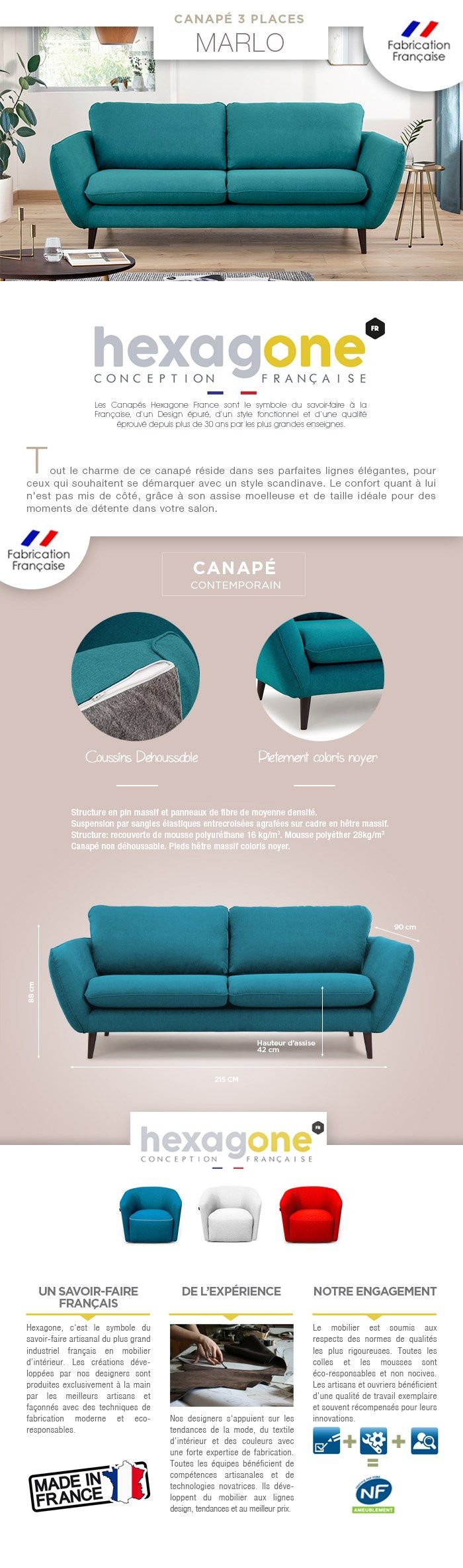 Hexagone Marlo Canapé Fixe 3 Places Tissu Gris Anthracite L Hexagone Marlo Canapé Fixe 3 Places