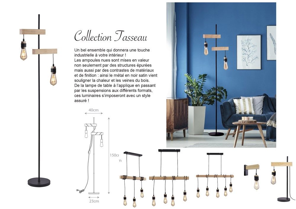 DETROIT Suspension industrielle 5 têtes en bois - 7 x 90 x H150 - Noir - Ampoules décoratives E27 40W fournies