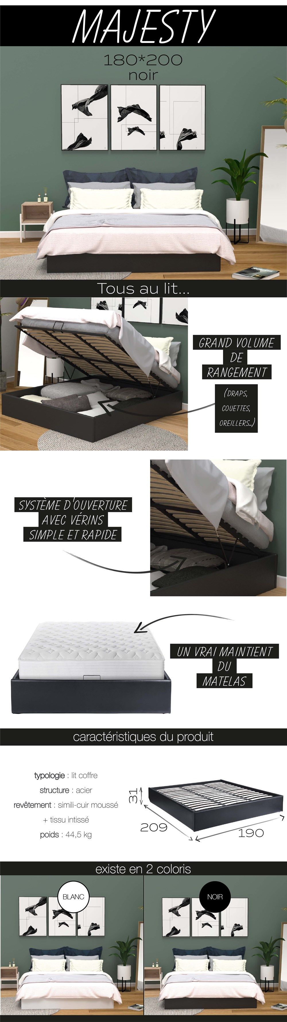 MAJESTY Lit coffre adulte - Contemporain - Simili noir - l 180 x L 200 cm