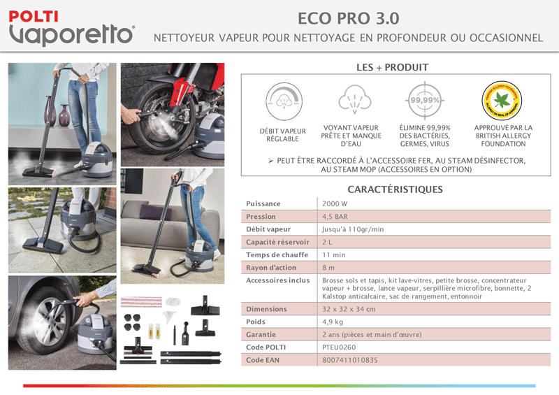 POLTI VAPORETTO - ECO Pro 3.0 - Nettoyeur vapeur - 4,5 BAR - 9 accessoires  - 110 gr/min