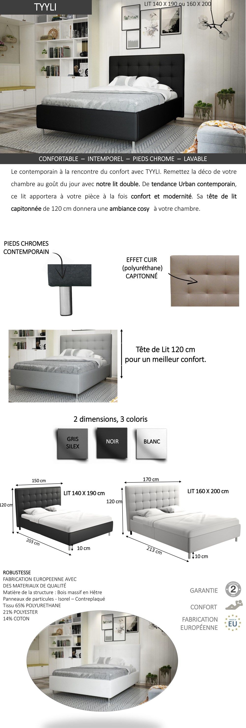 TYYLI Lit adulte contemporain en simili gris + pieds métal - l 160 x L 200 cm