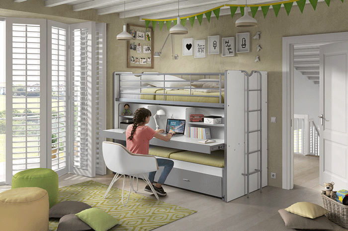 Lit mezzanine enfant contemporain gris + bureau