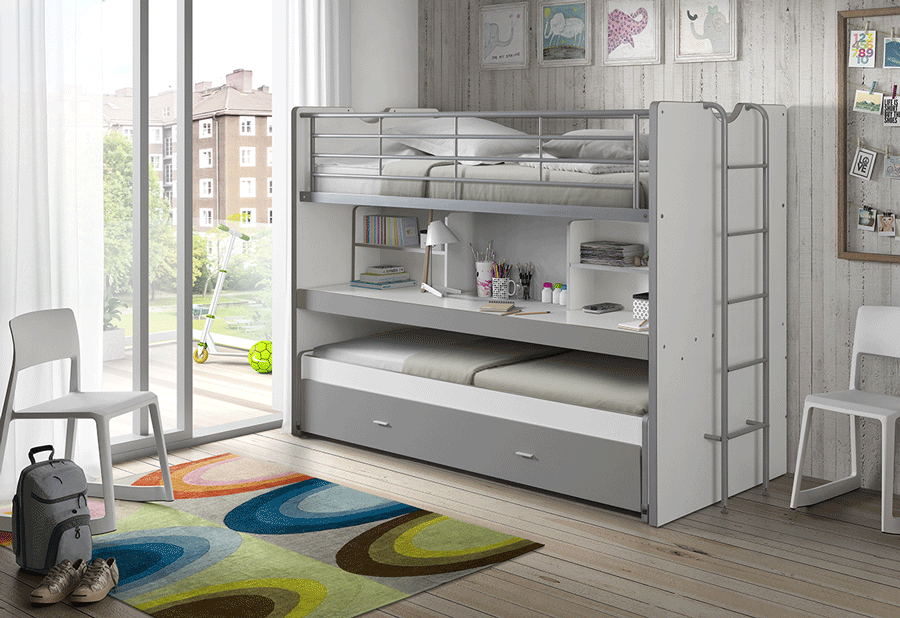 Lit mezzanine enfant contemporain gris + bureau