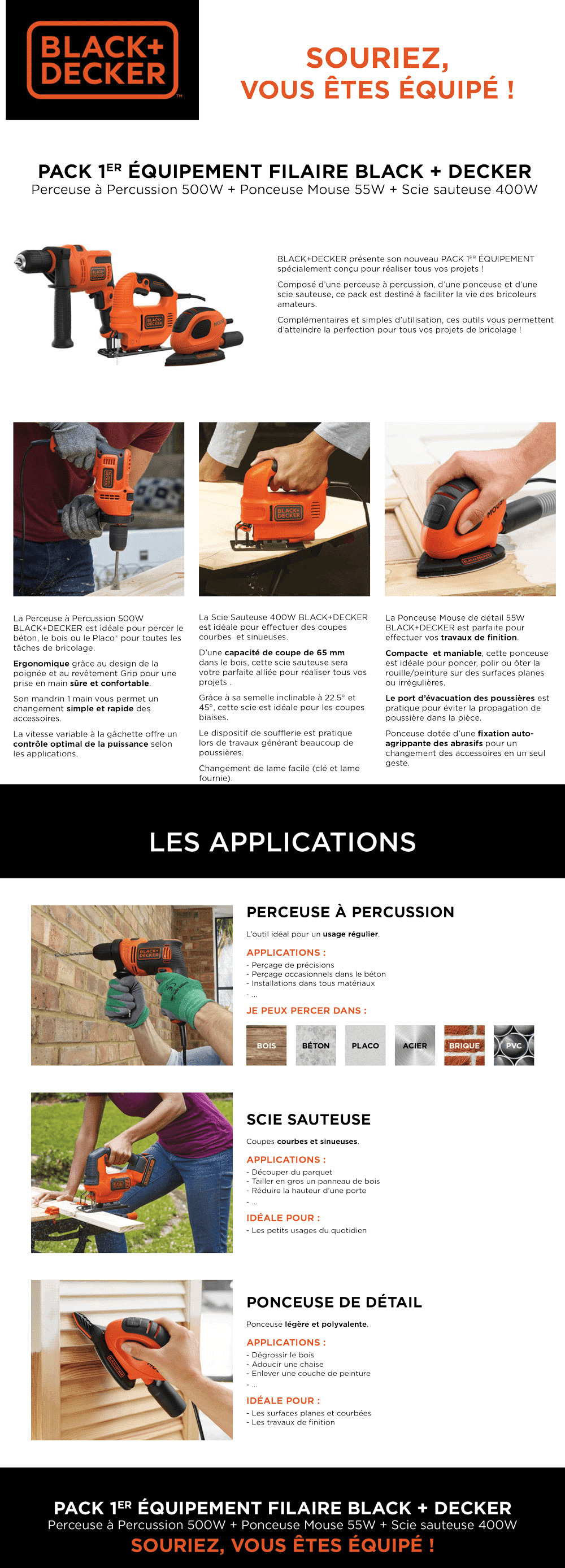 Black&Decker Pack 3 outils filaires - Perceuse à Percussion 500W BEH200 + Ponceuse 55W BEW230  + Scie sauteuse 400W KS501