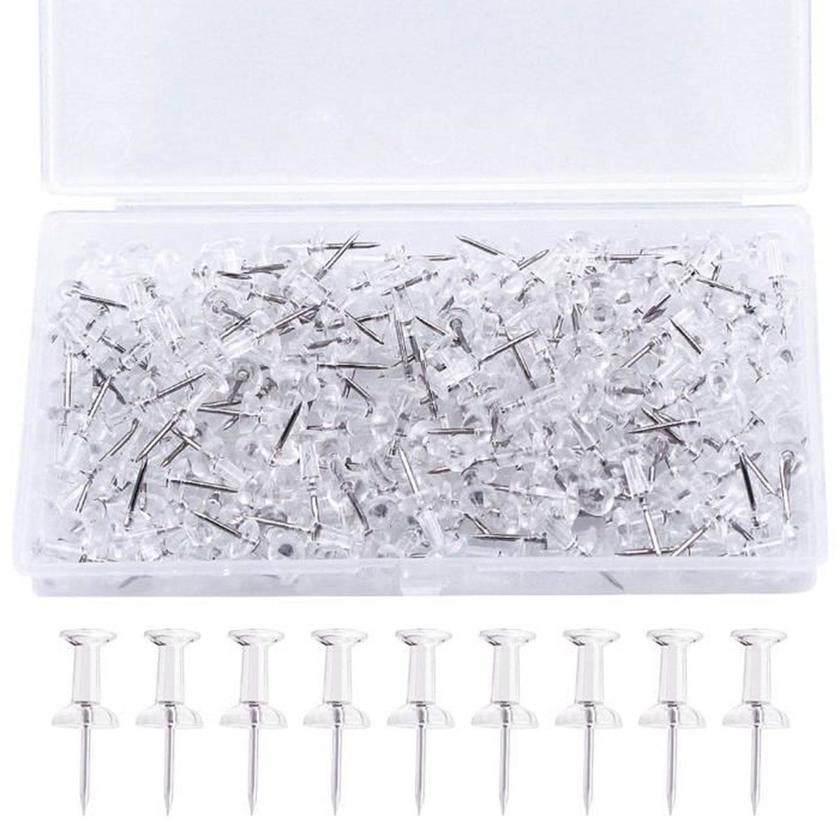 200 Punaises Transparentes Tête Plastique 16mm - Pointe Acier Pour Tableau Liège Et Affichage - 12