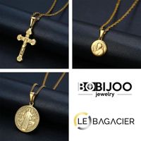 BOBIJOO Jewelry - Ensemble Pendentifs Colliers Chaînes Multi Couche Acier Or Croix Jesus St-Benoît Femme Médailles