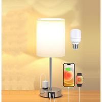 Lampe de Chevet Tactile Avec 2 Ports d'USB &1 Prise de Courant, Ampoule LED Fournie,3 Luminosités Réglables, Abat-jour en Lin Beige