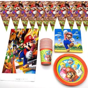 Lot de 128 accessoires de fête d'anniversaire Super Mario Brothers -  Assiettes, tasses, serviettes, nappes, bannières, etc. Décorations  d'anniversaire
