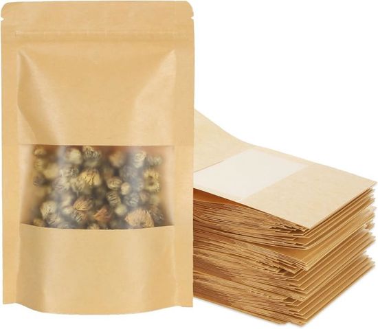 AUAUY 42PCS Sachet Alimentaire, Sac Papier Kraft Avec Fenetre, Réutilisable Sachet Craft