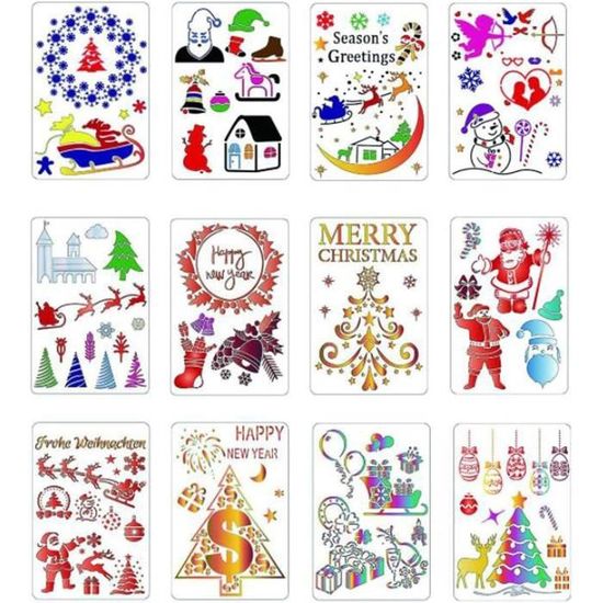 12 Pochoirs De Noël Réutilisables – 13x13 Cm – Modèles Sapin, Bonhomme De Neige, Etc. – Pour Peinture Et DIY - 6