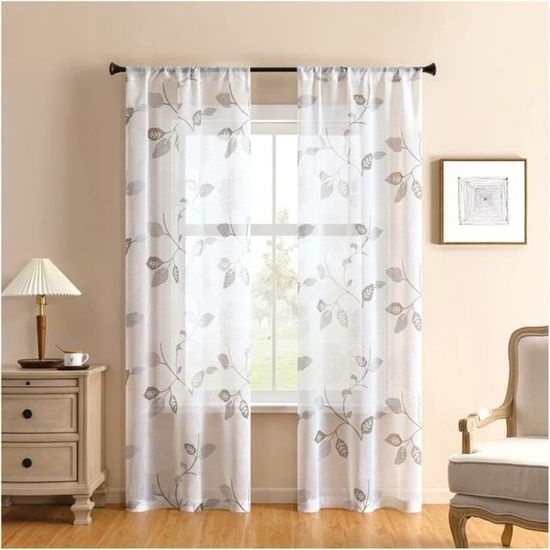 Rideaux Voilage 2 Panneaux 132x138 Cm - Fleurs Brodées Gris - Pour Salon, Chambre - Polyester, Passe Tringle