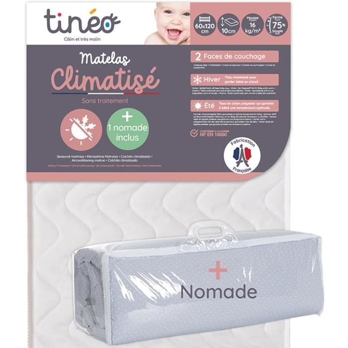 Matelas climatisé TINEO 60x120 cm - Epaisseur 10 cm - Livré avec matelas nomade roulé