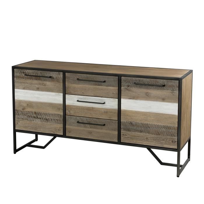 Buffet bas scandinave en bois acacia massif naturel et blanc + pieds en métal noir - L 150 cm