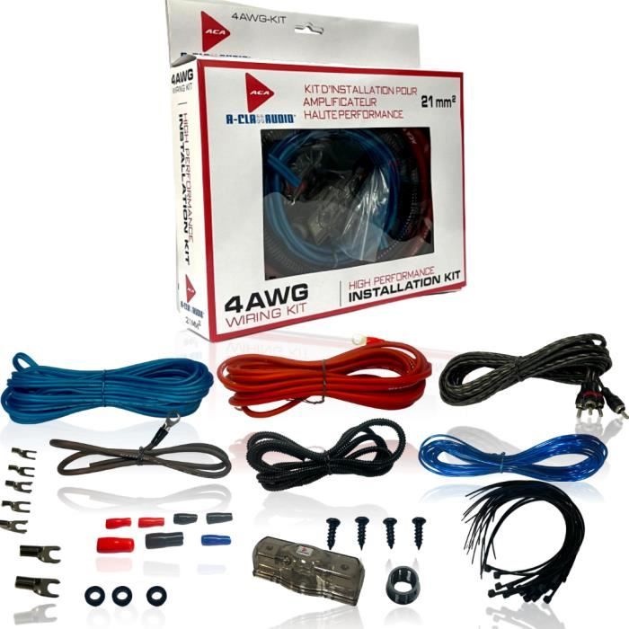 Kit de câblage complet câbles alimentation pour installation caisson amplifié ou amplificateur automobile 21 mm² 4 GA
