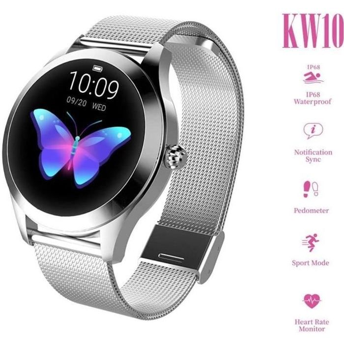Montre Connectée Femmes Sport Argent KW10, Imperméable Bluetooth Surveillance Santé Cardiaque Sommeil Bracelet En Acier Inoxydable