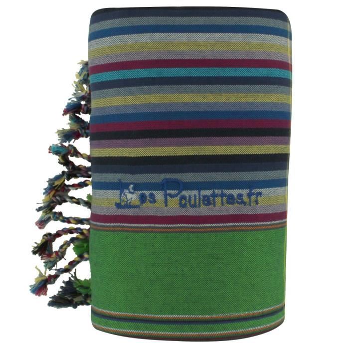 Les Poulettes Bijoux - Kikoy Serviette Plage Coton Couleur Rayé Bleu Foncé Vert - Bleu Navy