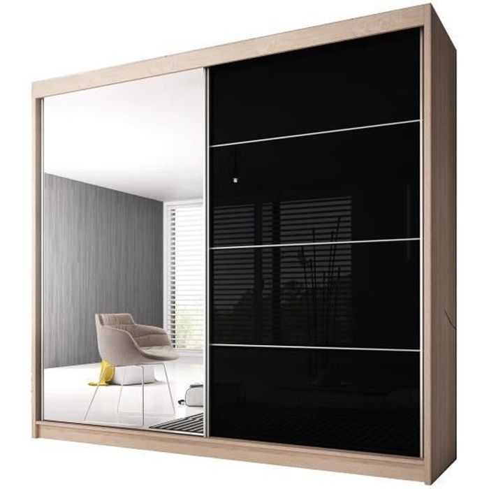 Armoire de Chambre avec 2 Portes coulissantes - Penderie (Tringle) avec étagères (LxHxP): 183x2180x61 Ben 31 (Sonoma/Noir+ Miroir)