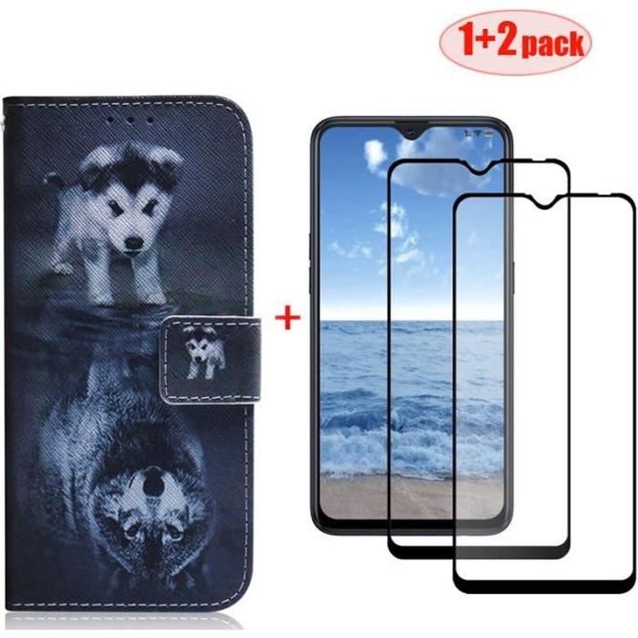 2 Pack Protecteur d'écran + Étui Housse pour Samsung Galaxy A12 6.5- Loup et chien Protection PU Cuir Flip Cover